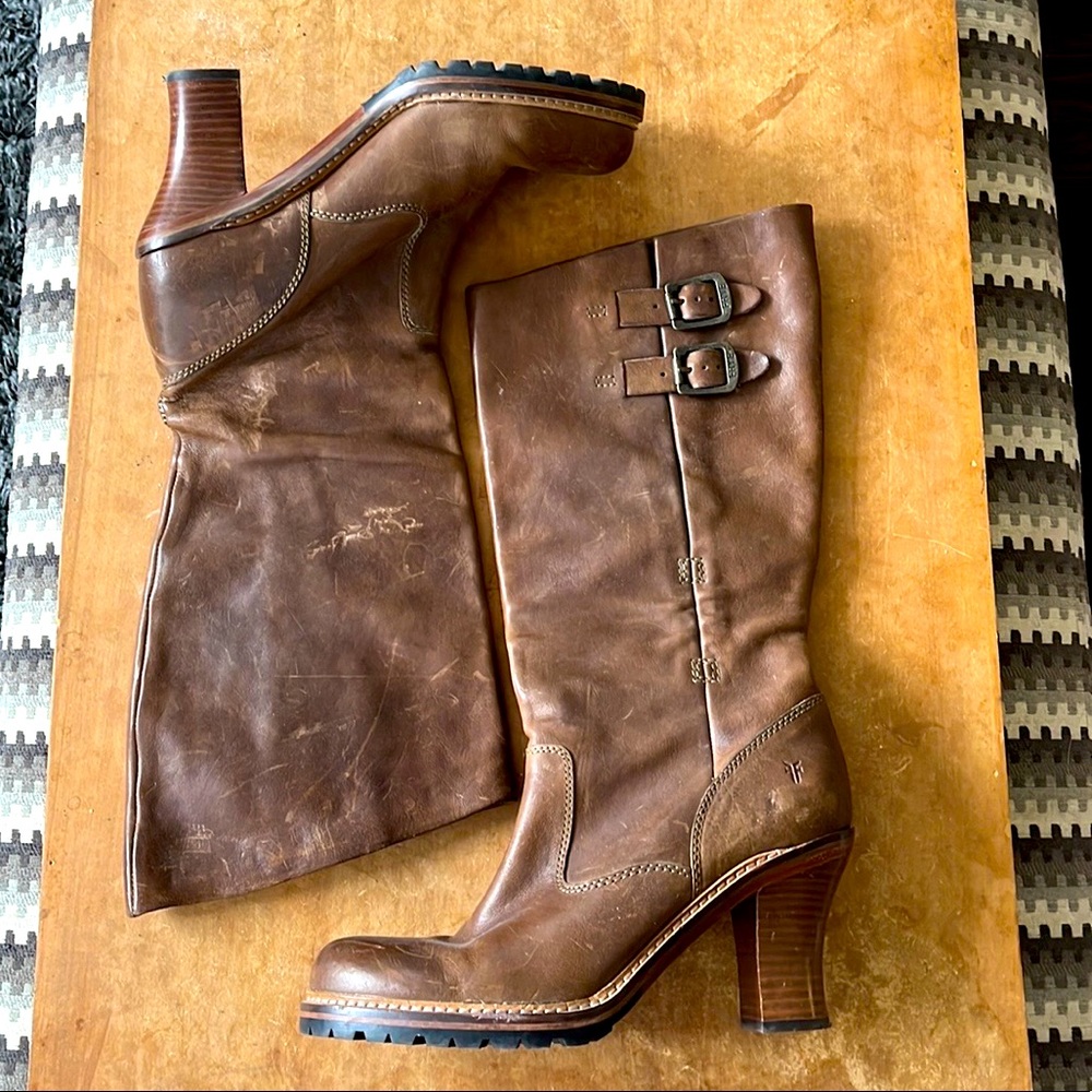 Frye Brown Leather Mid-Calf Combat Boots with Buckles